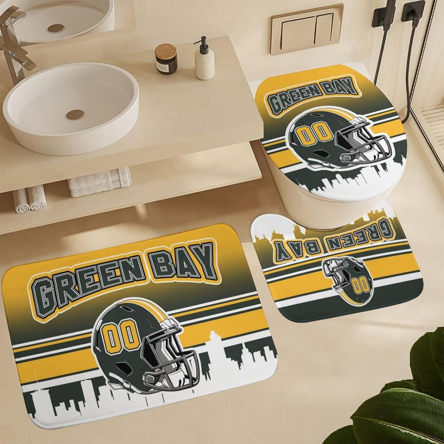 Custom 4PCS Green Bay Shower Curtain Set for Bathroom Personalized Name and Number Shower Curtain Bath Mat Toilet Mats for Women Men Teenager Boys 72 Inch X 72 Inch