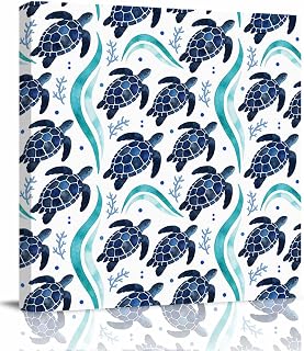 Prime Leader Summer Marine Life Canvas Wall Art - Watercolor Navy Blue Sea Turtle Ocean Seaweed Wave - Modern Wall Decor Gallery Canvas Wraps Giclee Print Stretched and Framed Ready to Hang - 8" x 8"