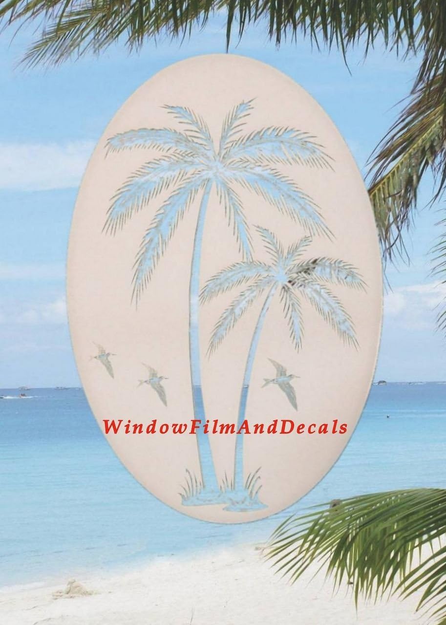 Oval Leaning Palm Trees Etched Window Decal Vinyl Glass Cling - 15" x 23" - White with Clear Design Elements