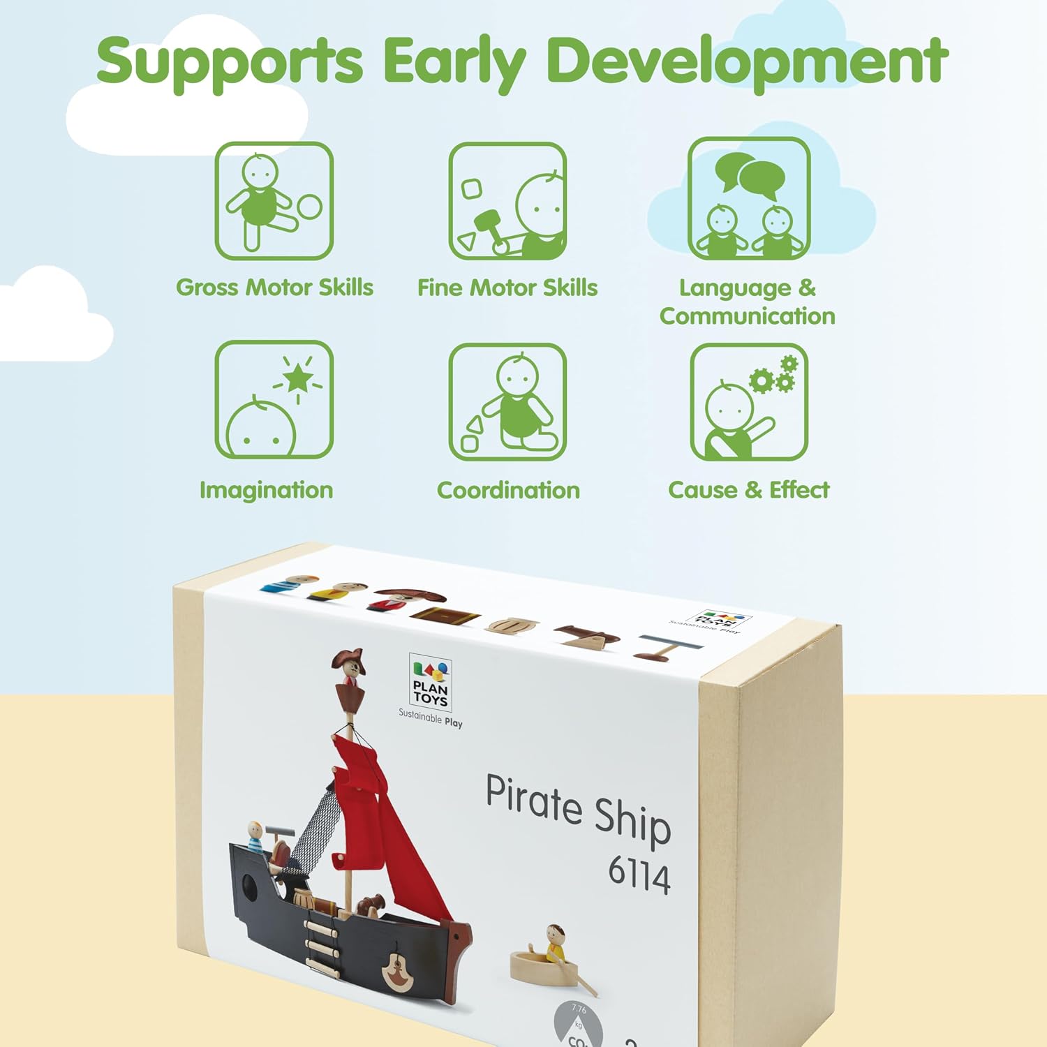 PlanToys® Pirate Ship Wooden Montessori Imaginative and Fine Motor Play Set | Creativity, Coordination and Storytelling Development Activity | Eco Friendly Adventure Boat Toy