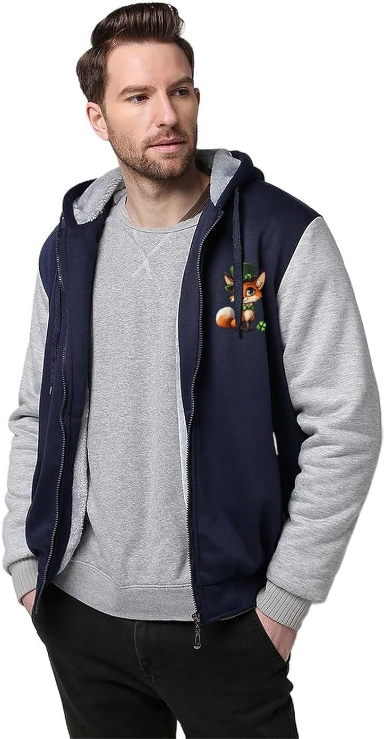 St-Patricks Fox Men's Hoodie Full-Zip Hooded Sweatshirt Fleece Jacket Coat Winter Warm Clothing