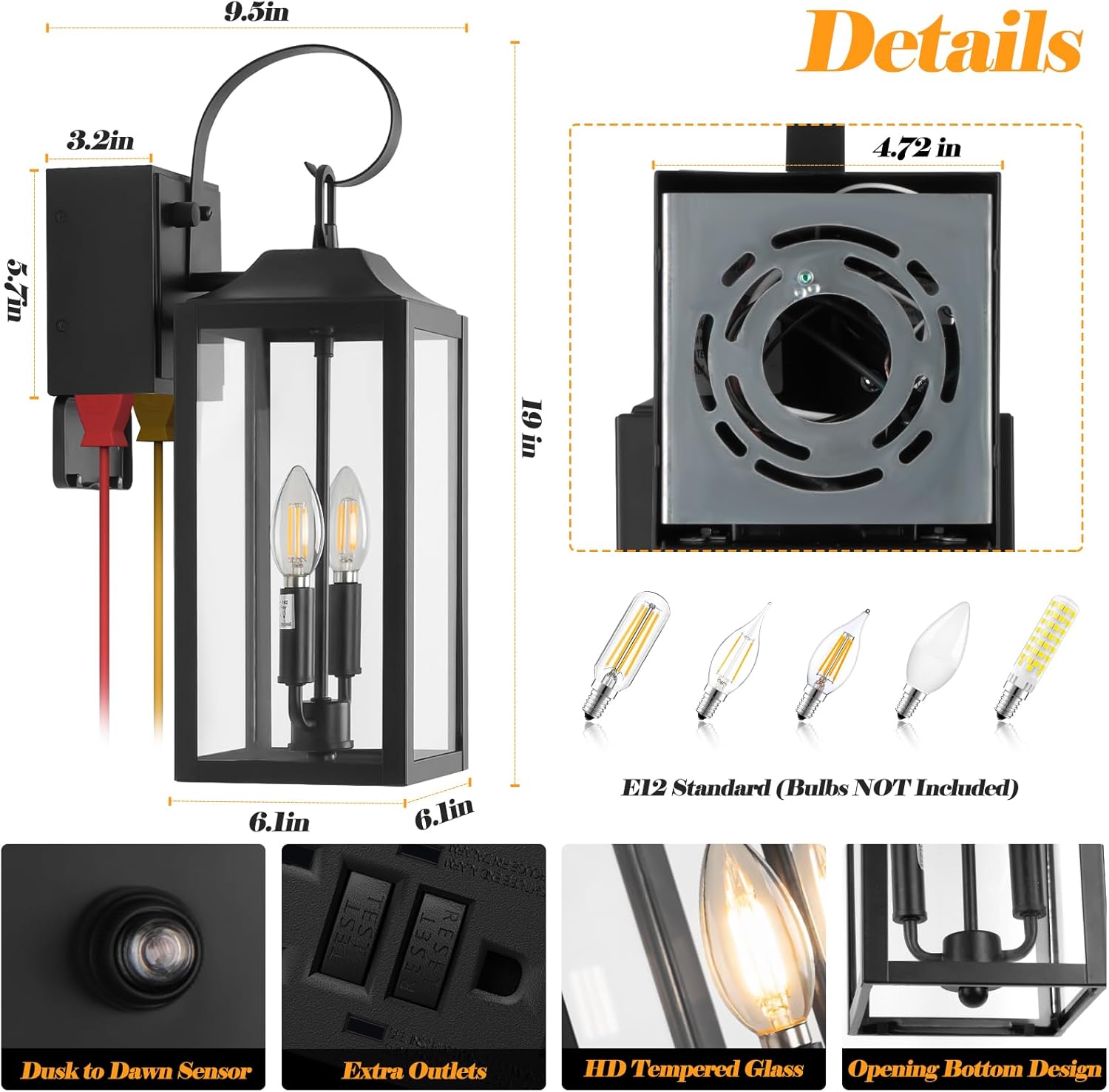 Large Porch Lights with GFCI Outlet, 19" Black Dusk to Dawn Outdoor Wall Lantern 2-Light, Exterior Lighting Fixtures with GFCI Outlet Built-in, Waterproof Outdoor Wall Sconce for House Front Door