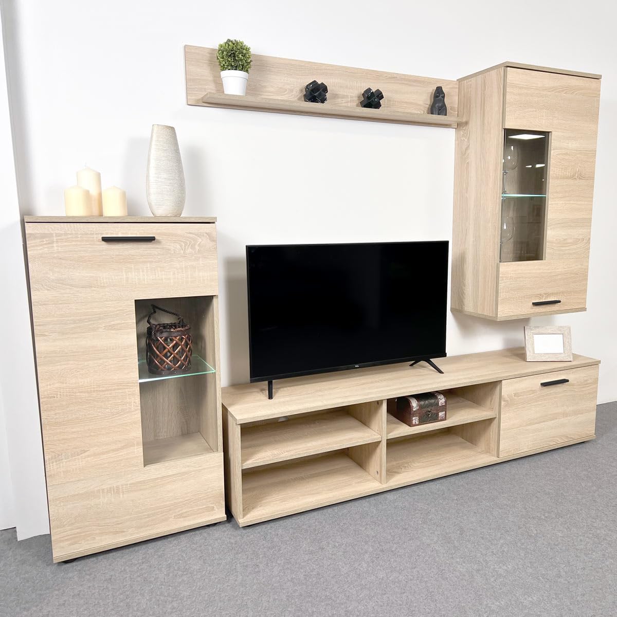 Homey - Mueble de Salón Moderno con Leds, Módulos de Comedor, Modelo Alba, Acabado en Cambria, Medidas: 229 cm (Ancho) x 200 cm (Alto) 38 cm (Fondo)