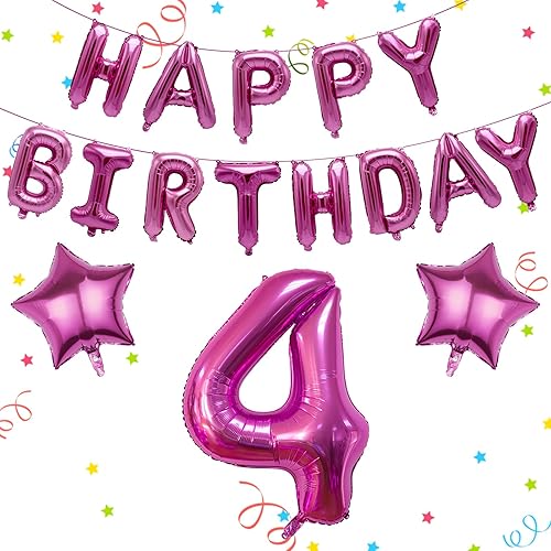 16 globos de feliz cumpleaños rosa intenso, globos de 16 pulgadas de papel de aluminio rosa intenso de 40 pulgadas, globos gigantes de número 4 para