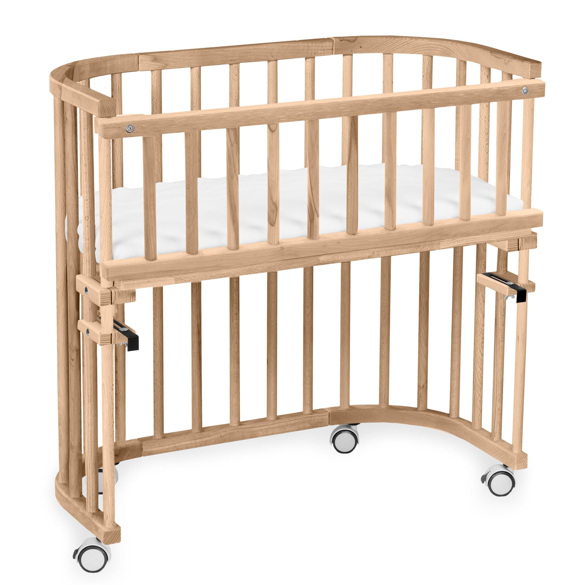 babybayMaxi Extra Large Side Bed Made of Solid Beech Wood/Children's Bed Height Fully Adjustable & Environmentally Friendly/with Mattress, Grid, Wheels (Natural Varnish)