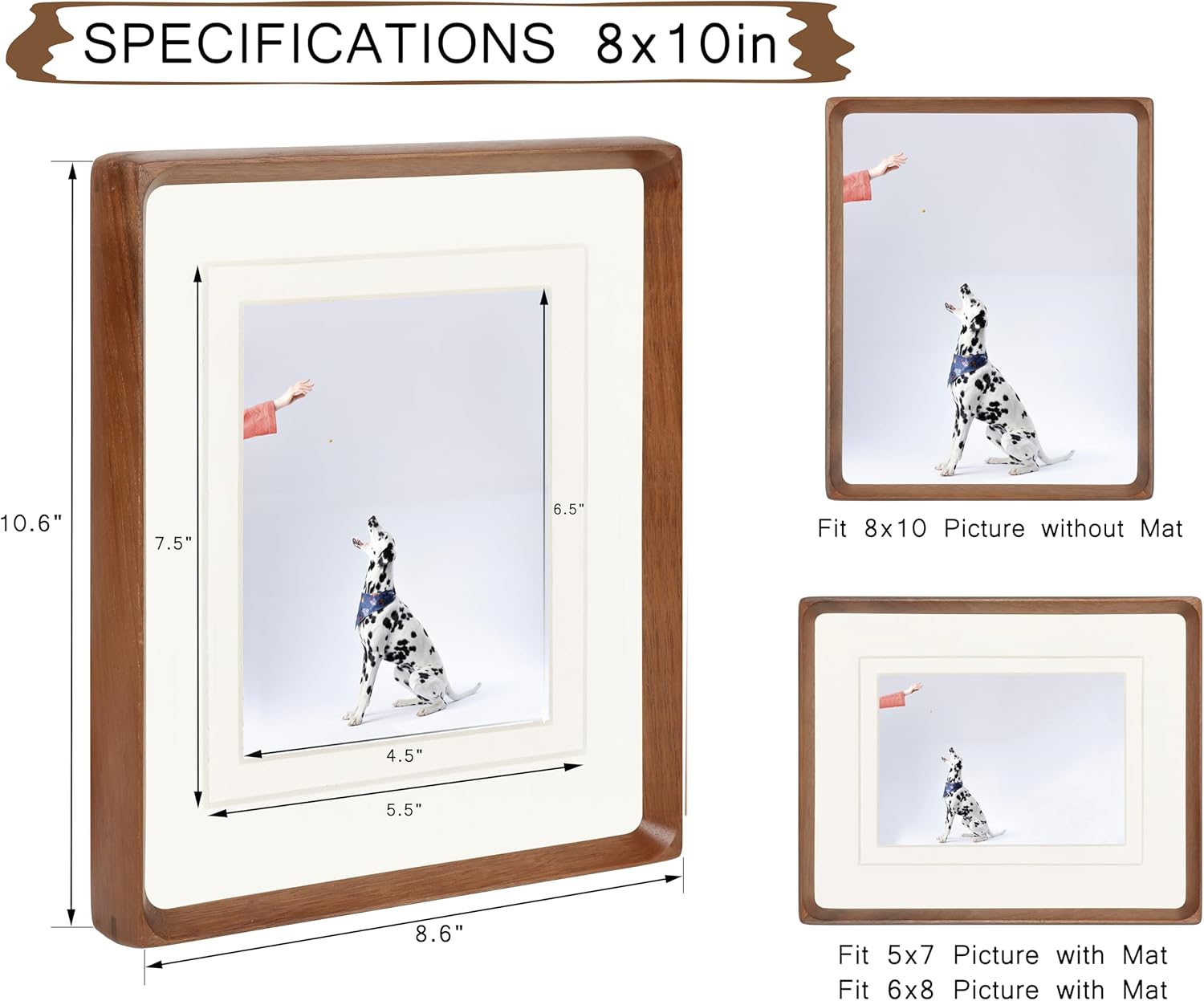 8x10 Picture Frame, Display Photos 5x7/6x8 with Mat or 8x10 without Mat, Made of Solid Natural Walnut Wood with Real Glass Vertical Horizontal Standing for Desk Tabletop Wall Hanging Gallery