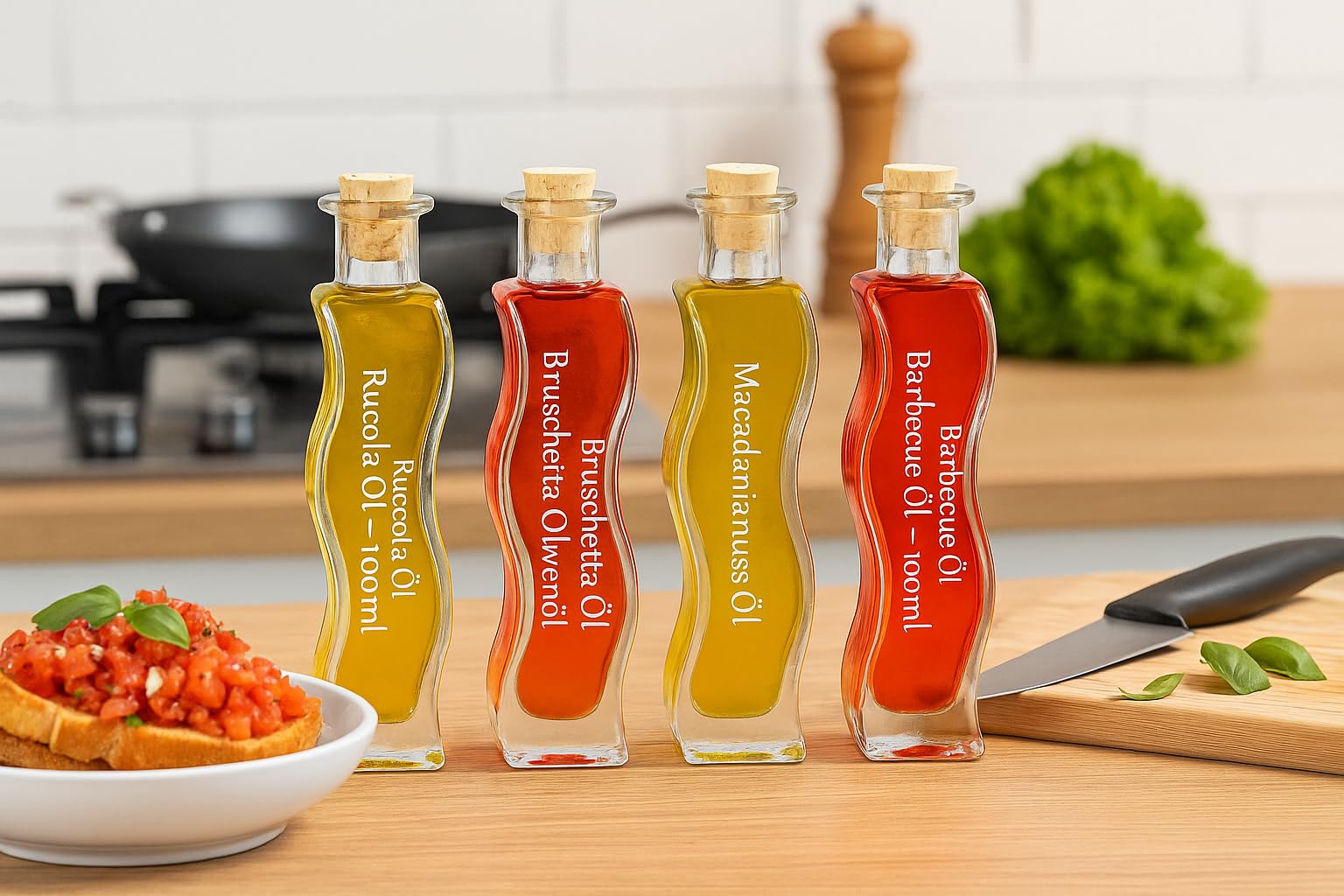 Exklusives Öl Geschenkset 4×100 ml – Edle Gourmetöle in Designflaschen: Rucola, Bruschetta, Steinpilz & Barbecue – Veredelte Premium-Öle für Küche & Grill