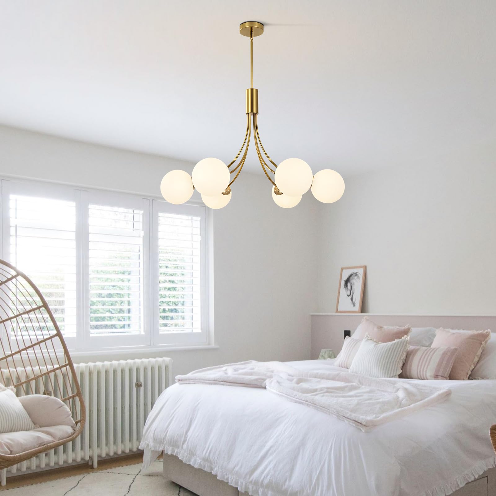 KCO Lighting Lampadario Sputnik Moderno 6 luci,Lampadario Oro Con Sfere Bianche per Sala da Pranzo, Isola Cucina, Soggiorno,Camera da Letto