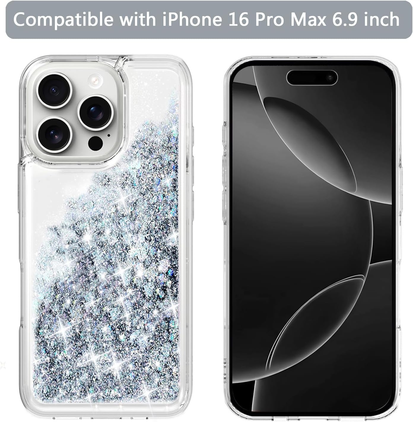 for iPhone 16 Pro Max Case, Bling Flowing Liquid Floating Sparkle Colorful Glitter Waterfall TPU Clear Phone Case 6.9",Silver - Image 2