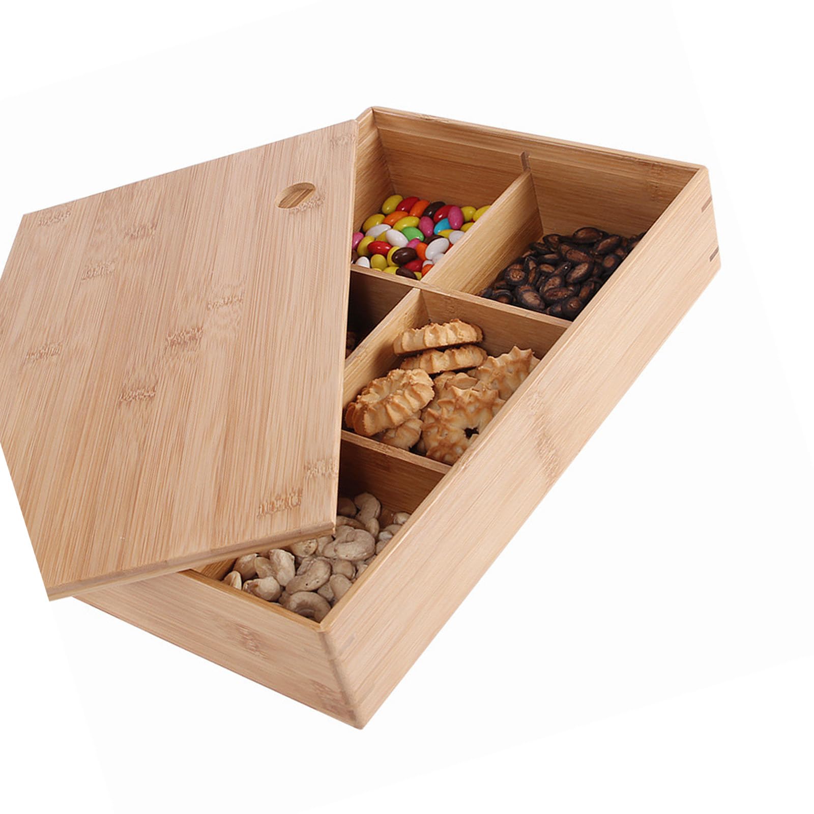 Wooden 6 Grids Snacks Tray with Lid Multi Compartment Organiser for Food Storage Kitchen Countertop Home Decoration Wooden Divided Serving Tray for Nut and Candy