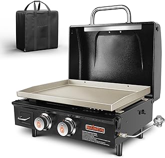QuliMetal Portable Griddle Flat Top Grill 22 Inch Table Top Grill with Hood 2 Burner Gas Grill Propane Grill with Carry Bag Outdoor Griddle Camping Griddle 24,000 BTU 348 Sq 304 Stainless Steel