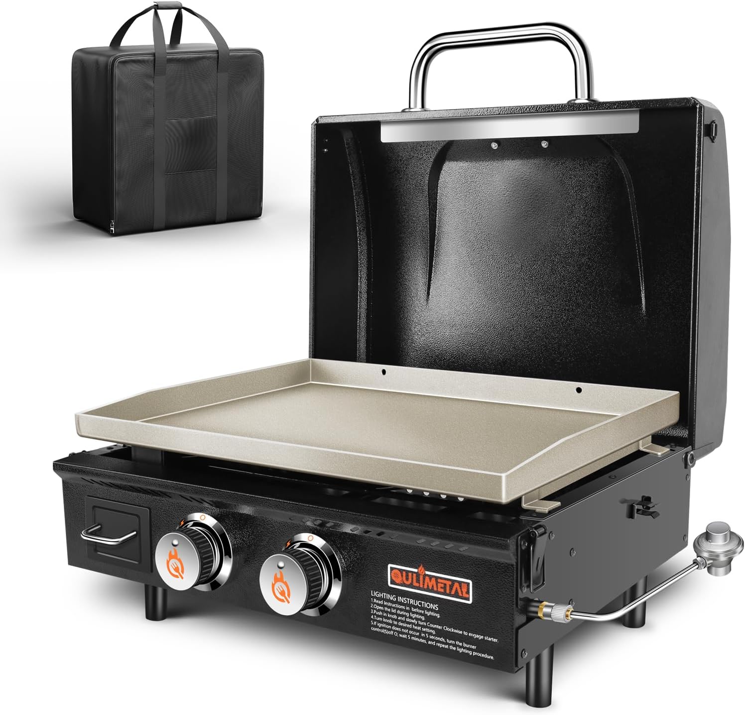 QuliMetal Portable Griddle Flat Top Grill 22 Inch Table Top Grill with Hood 2 Burner Gas Grill Propane Grill with Carry Bag Outdoor Griddle Camping Griddle 24,000 BTU 348 Sq 304 Stainless Steel