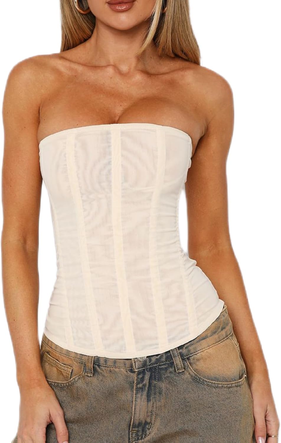 UAURORAO Women Mesh Renaissance Corset Top Strapless Back Zip Up Boned Bustier Tops Y2k Going Out Tube Bandeau Tops