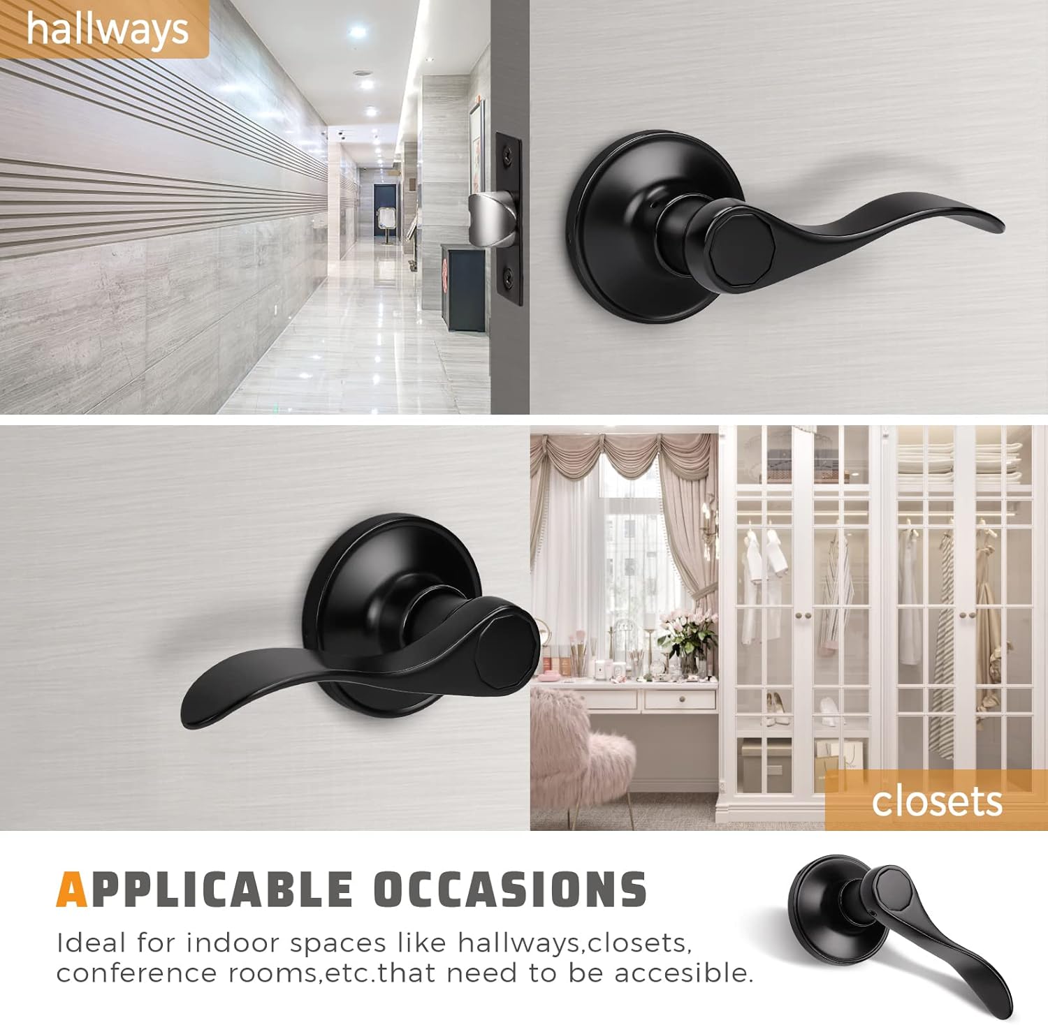KNOBWELL (6 Pack Privacy Door Handles and (6 Pack) Black Passage Door Levers Door Handle Sets, Matte Black Interior Door Handle Sets