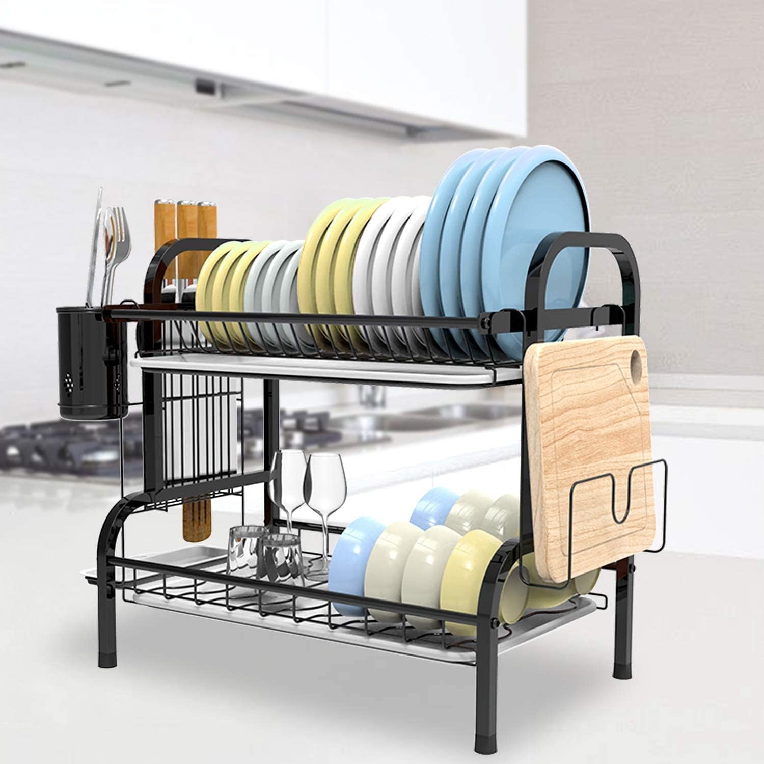 2 Tier Dish Rack, Stainless Steel Dish Drainer with Drainboard, Plate Cup Holder, Saving Space