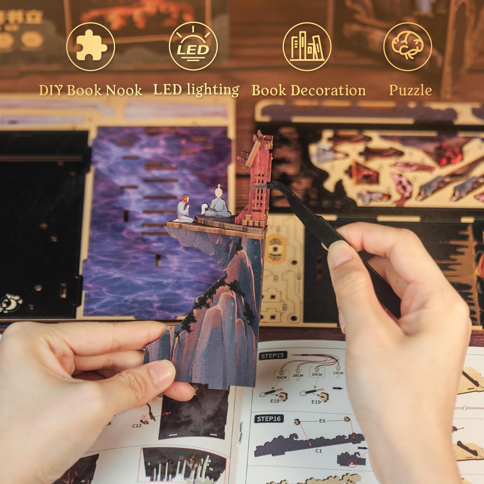 Cutefun Book Nook Kit – Casa delle bambole Kitaus in legno, The Legend of WU Kong, fai da te in miniatura, casa delle bambole, libreria, case, set di modelli con luci a LED, decorazione per libreria
