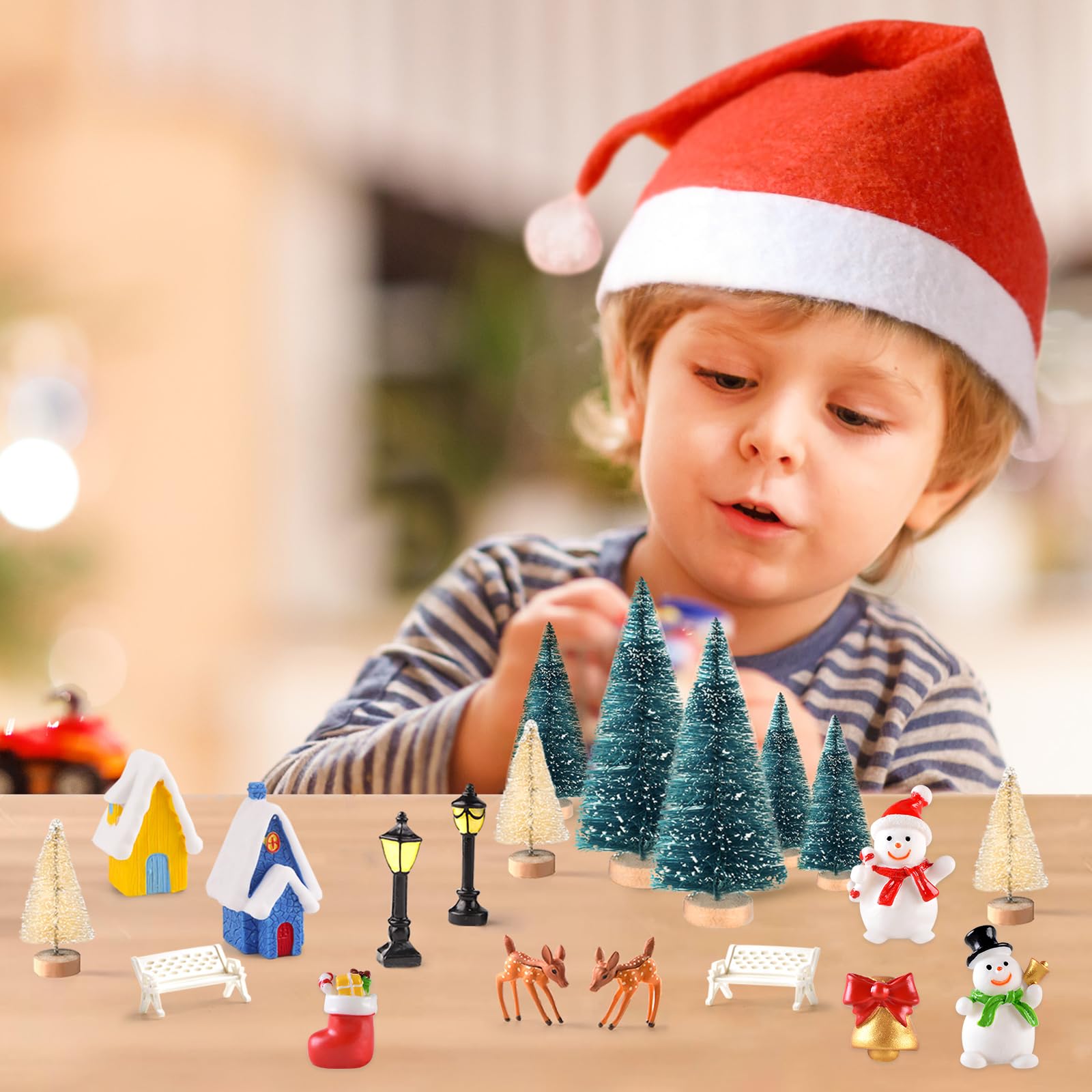 Kit De Décoration Village De Noël - 33 Pièces (sapins, Bonhommes De Neige, Cerfs, Bancs) En Résine Et Plastique