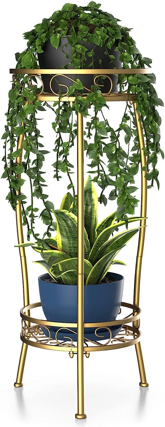 SenceWin Decore Plant Stand Indoor Outdoor, 2 Tier Metal Tall Planter Stand 26.5" Flower Stand Holder Heavy Duty Rustproof Plant Shelf Rack for Corner Garden Patio Lawn Balcony office (Golden) (B0CYH94LXD) Amazon Price History, Amazon Price Tracker