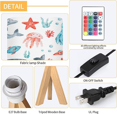 Miniatura 5 de Lámpara de mesa con trípode, animales del océano, peces y mesita de noche, lámpara de escritorio regulable con base de madera, pantalla de tela para