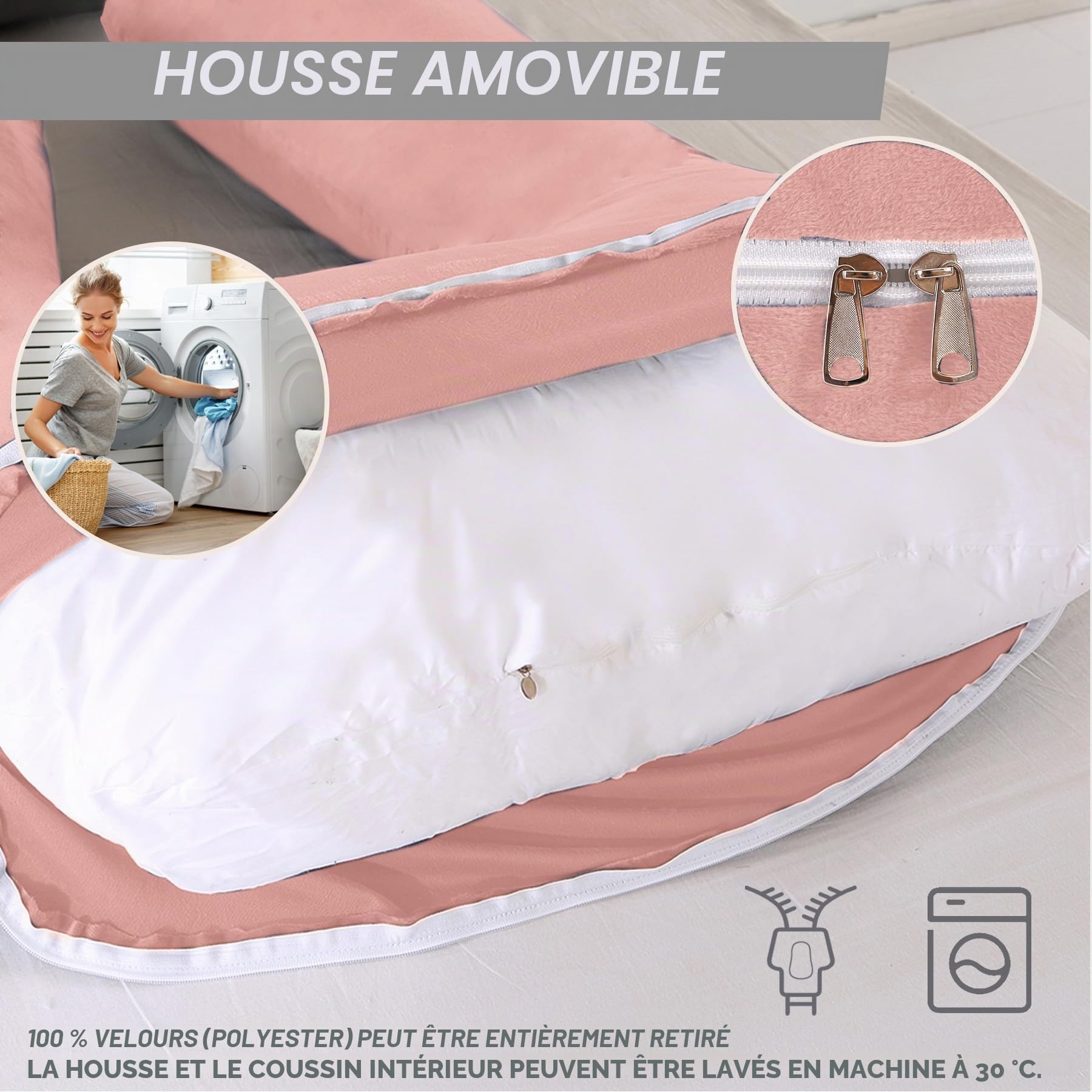 CALIYO Coussin de grossesse en forme de J - Coussin d'allaitement XXL - Coussin de positionnement latéral avec housse - Coussin de grossesse et coussin confortable pour adulte - Rembourrage en coton