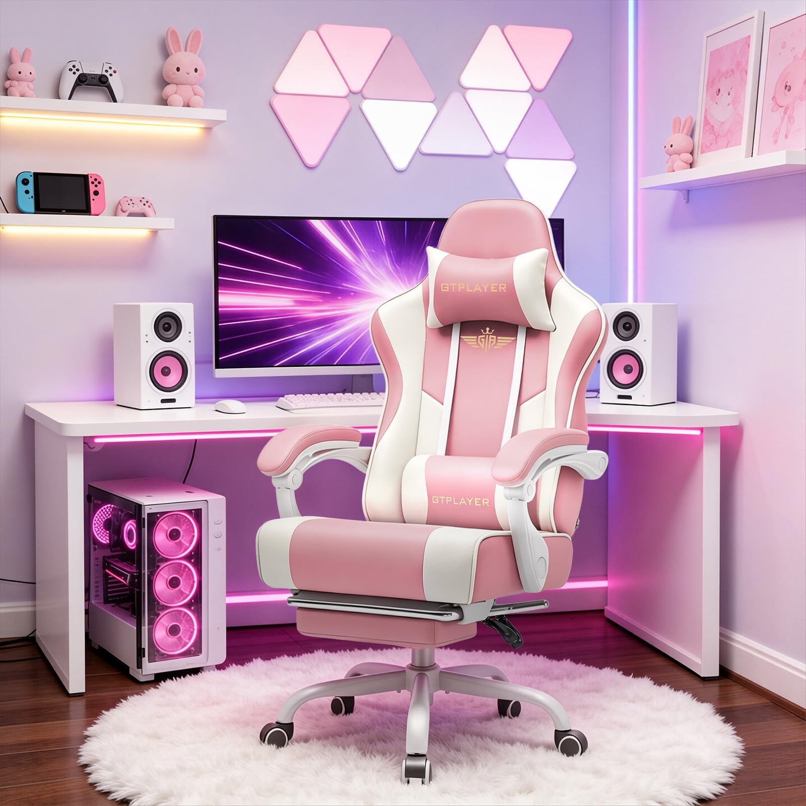 GTPLAYER Sedia da gaming, ergonomica, con poggiapiedi, poggiatesta e supporto lombare, regolabile in altezza, imbottita, 180 kg