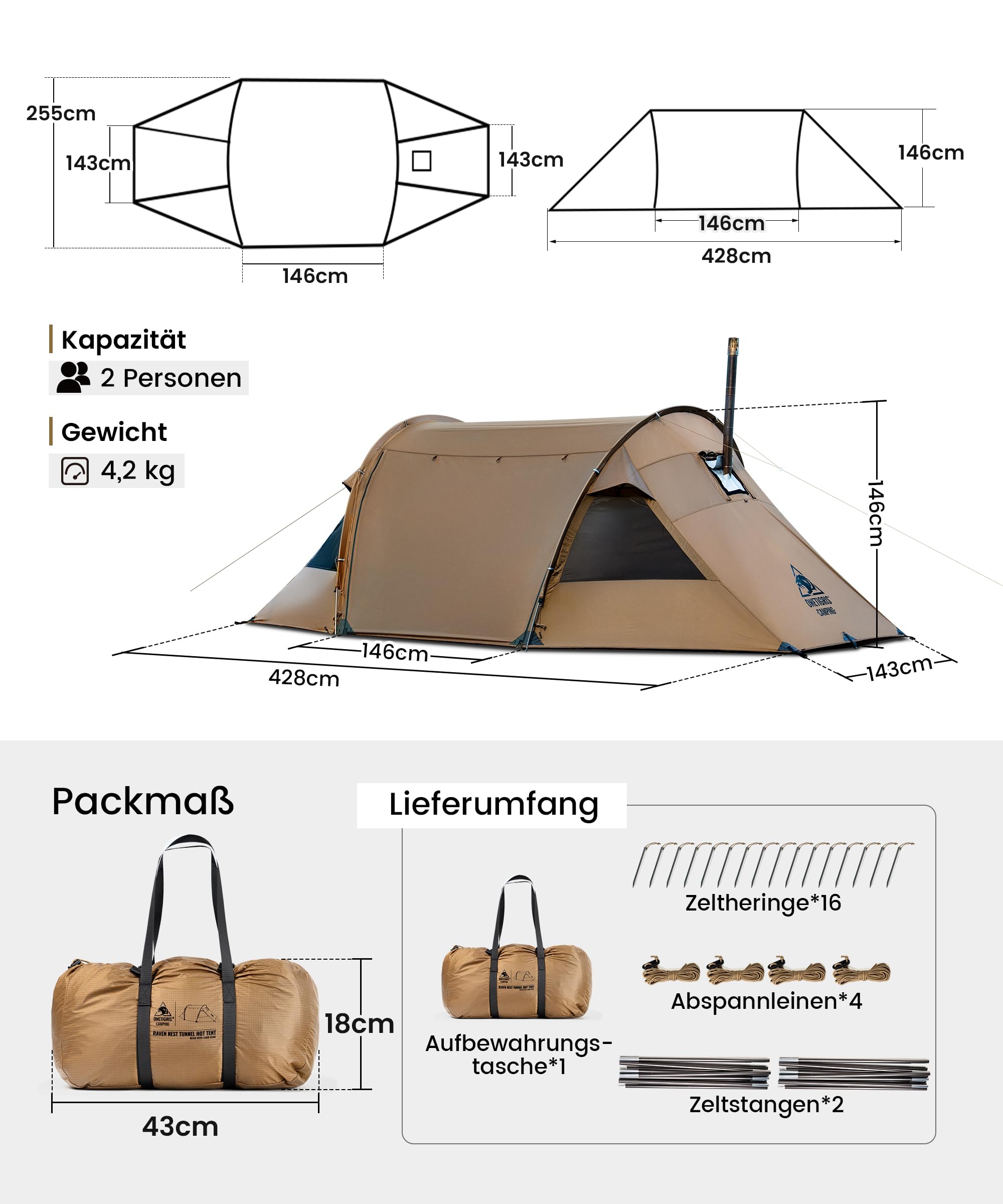 OneTigris Raven Nest Tunnelzelt 2 Personen, Winterzelt, Hot Tent, Ofenloch | Camping Zelt wasserdicht 3000 mm Wassersäule für Reisen Outdoor