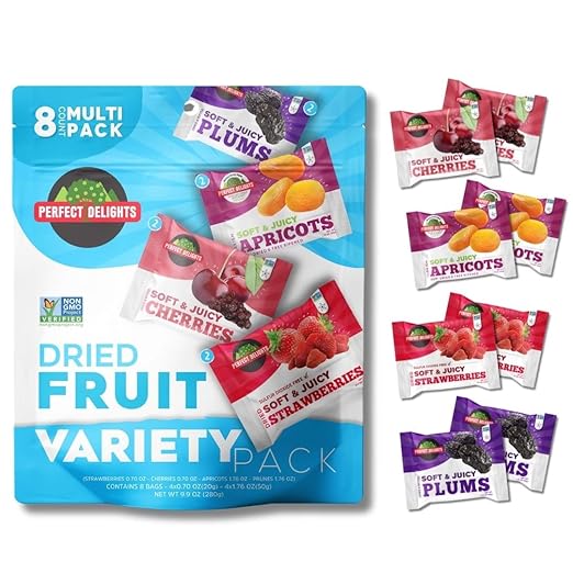 Perfect Delights Multipack Sun-Dried Fruits, Vegan, Healthy Snack Packs, Dried Fruits On-the-Go, Variety Fruit Pack For Kids & Adults, Apricots, Plums, Sour Cherries, Strawberries (8 Pack/ 2 of Each)