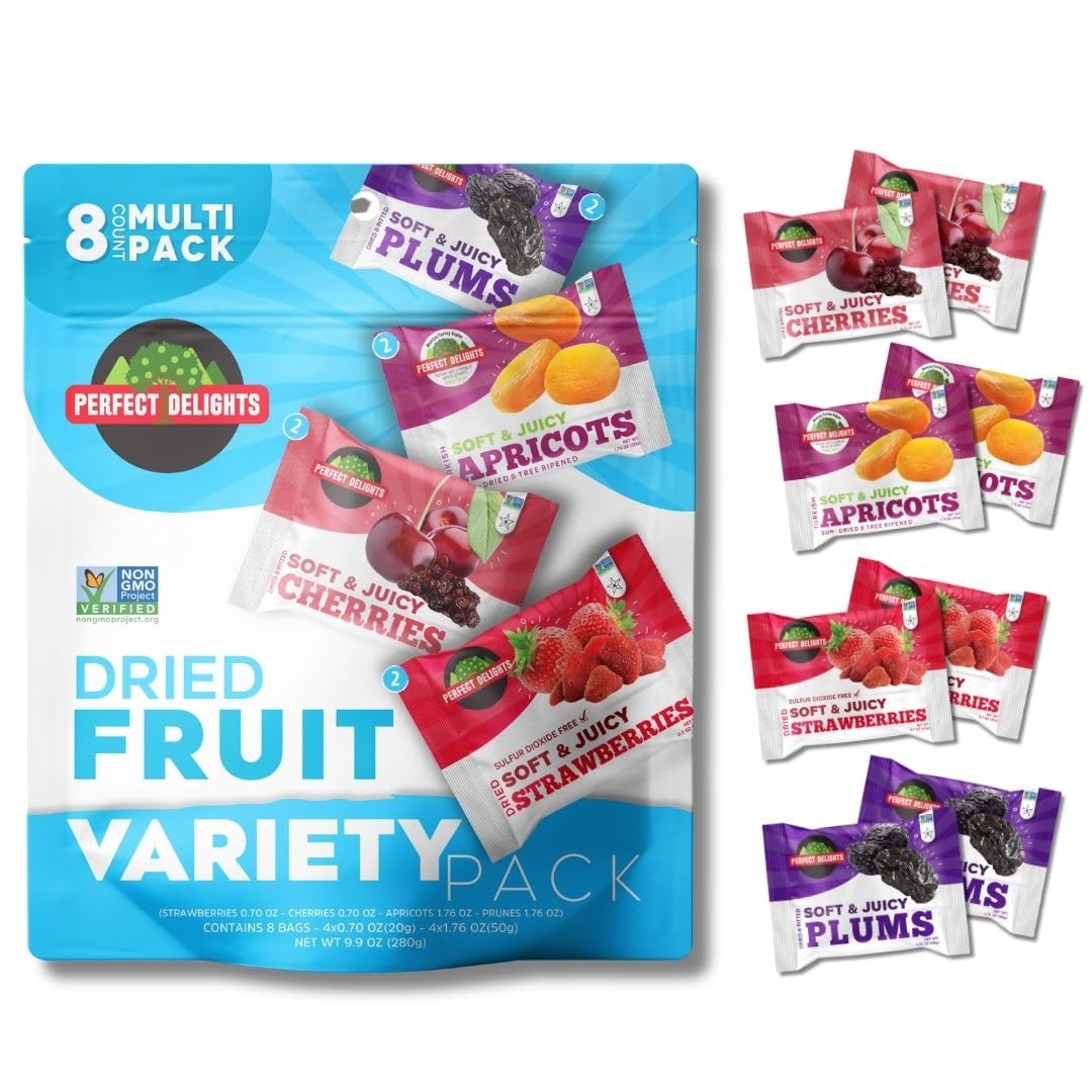 Perfect Delights Multipack Sun-Dried Fruits, Vegan, Healthy Snack Packs, Dried Fruits On-the-Go, Variety Fruit Pack For Kids & Adults, Apricots, Plums, Sour Cherries, Strawberries (8 Pack/ 2 of Each)