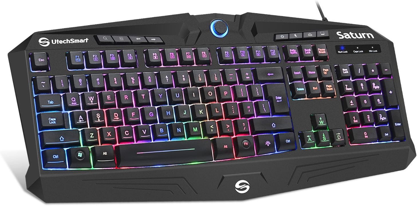 Gaming Keyboard, UtechSmart Saturn Rainbow LED Backlit 104 Key Computer PC Wired Silent Gaming Keyboard with Wrist Rest