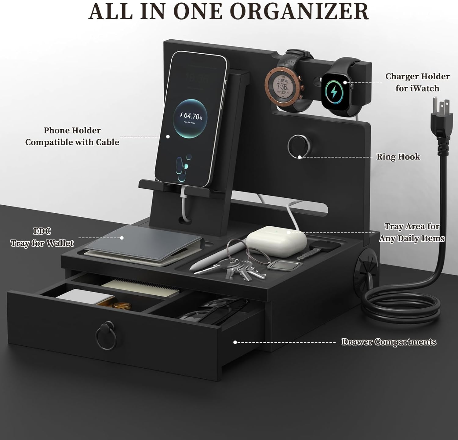 upcessory Nightstand Organizer, Wood Bedside Organizer Docking Station with USB Ports and Outlets, Gifts for Men, Nightstand Drawer Organizer for Cellphone, Watch, Sunglasses & Accessorie