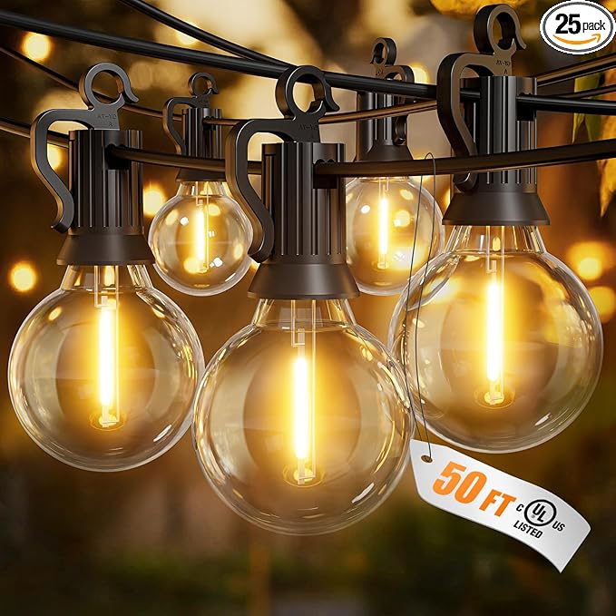 Brightown Outdoor String Lights, 50FT 25 G40 Bulbs Shatterproof Patio Lights, IP65 Waterproof Dimmable Hanging Connectable Globe LED Outdoor Lights for Backyard, Bistro, Porch, Deck, Balcony