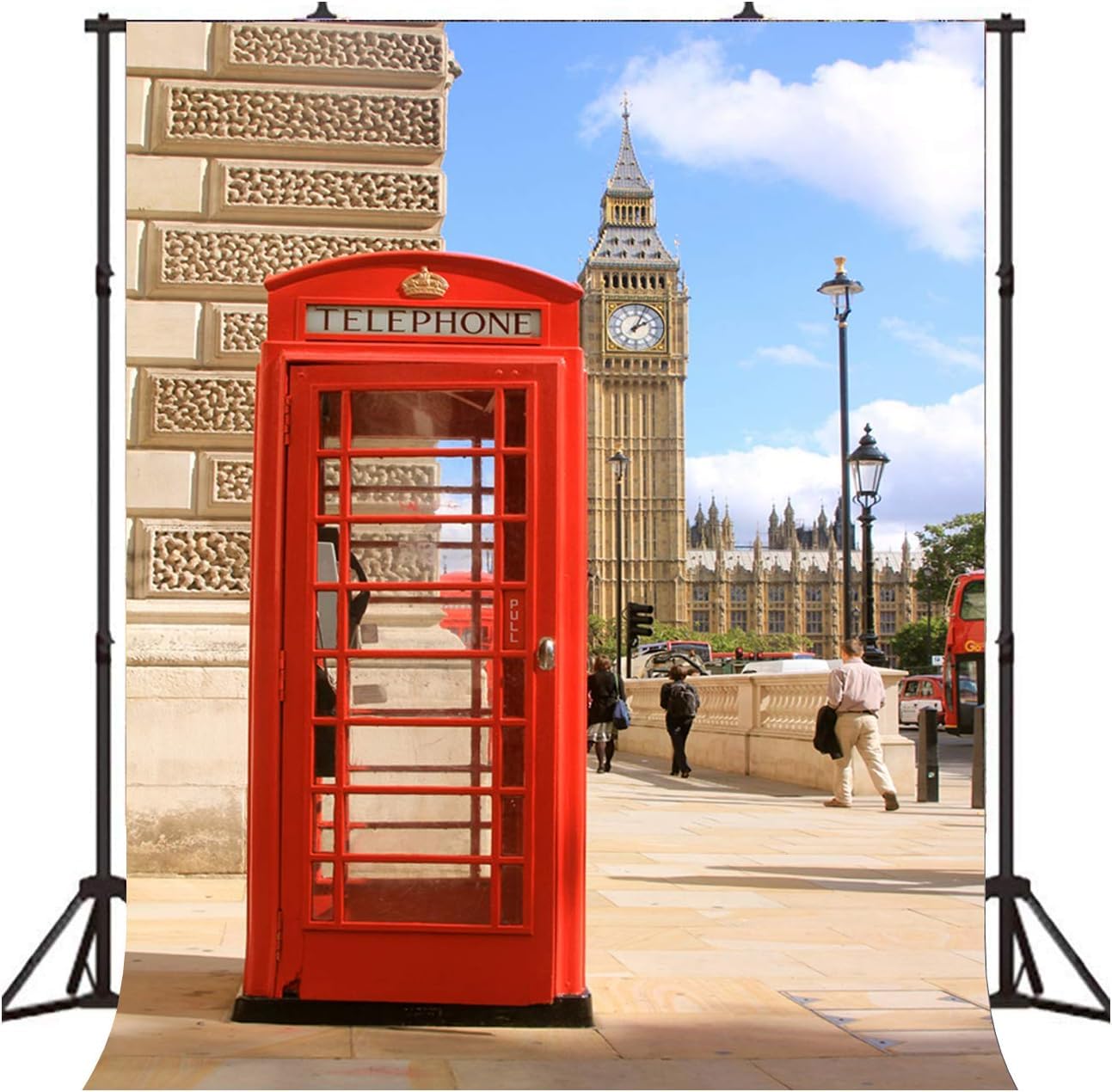 YLPHYLIS Telephone Booth Backdrop 5x7ft Street Backdrop Polyester London Theme Party Decoration Big Ben Backdrop Famous Garden Sculpture Outdoor
