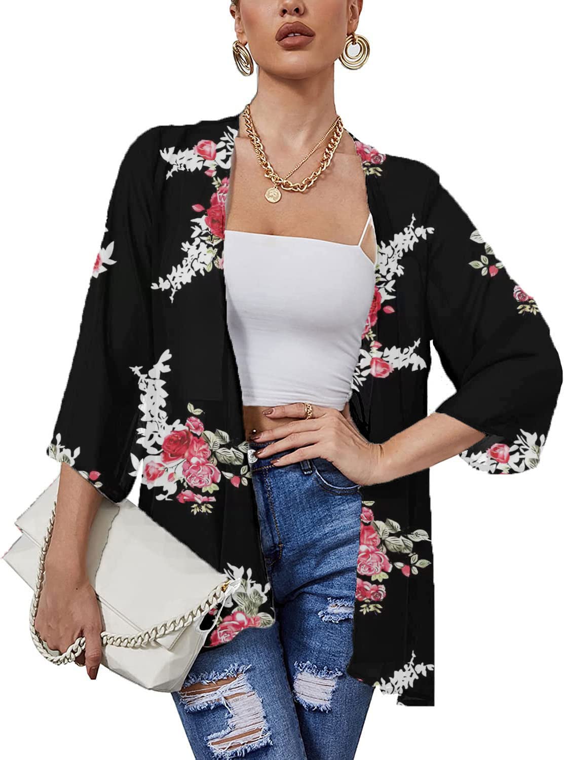 Heynino Floral Chiffon Kimono Jacket for Women Sheer Loose Beach Swimsuit Cover ups XL
