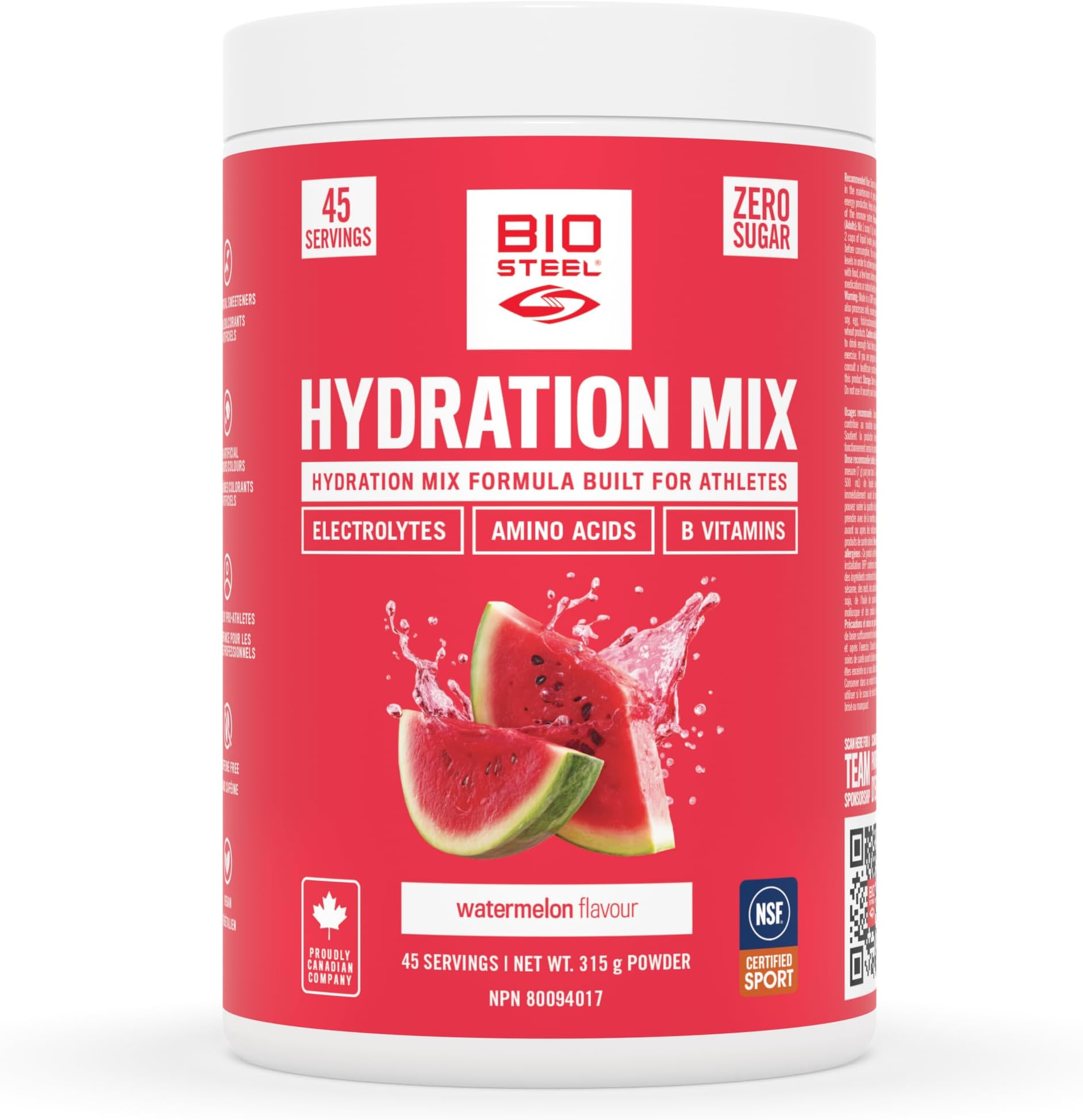 Zero Sugar Hydration Mix, Great Tasting Hydration with 5 Essential Electrolytes, Watermelon, 45 Servings per Tub