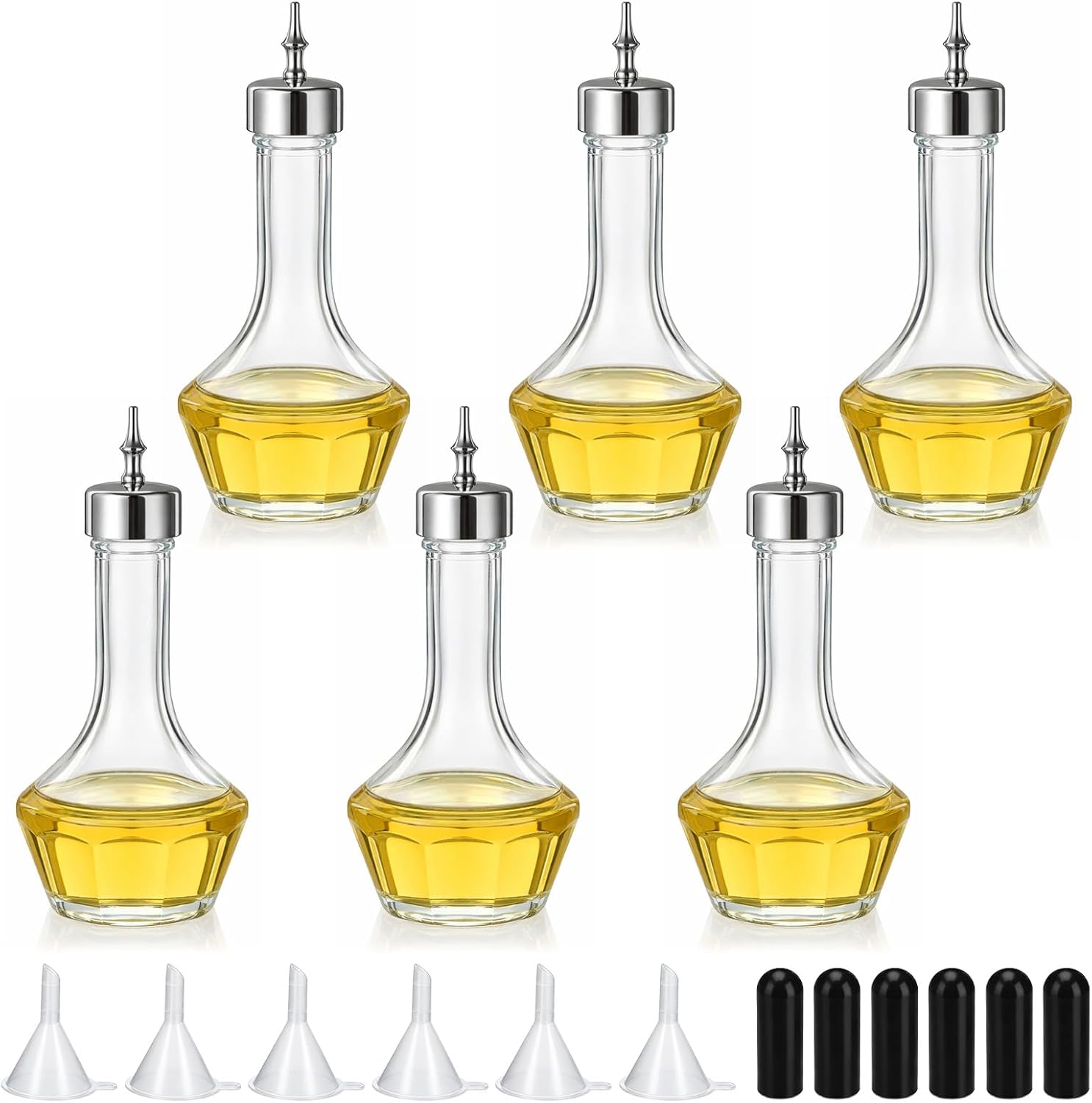 Bitters Bottle Set of 6-1.7oz Glass Dash Bottles with Dasher Tops & Funnels, Professional Bar Tool for Crafting Cocktails, Home or Commercial Use