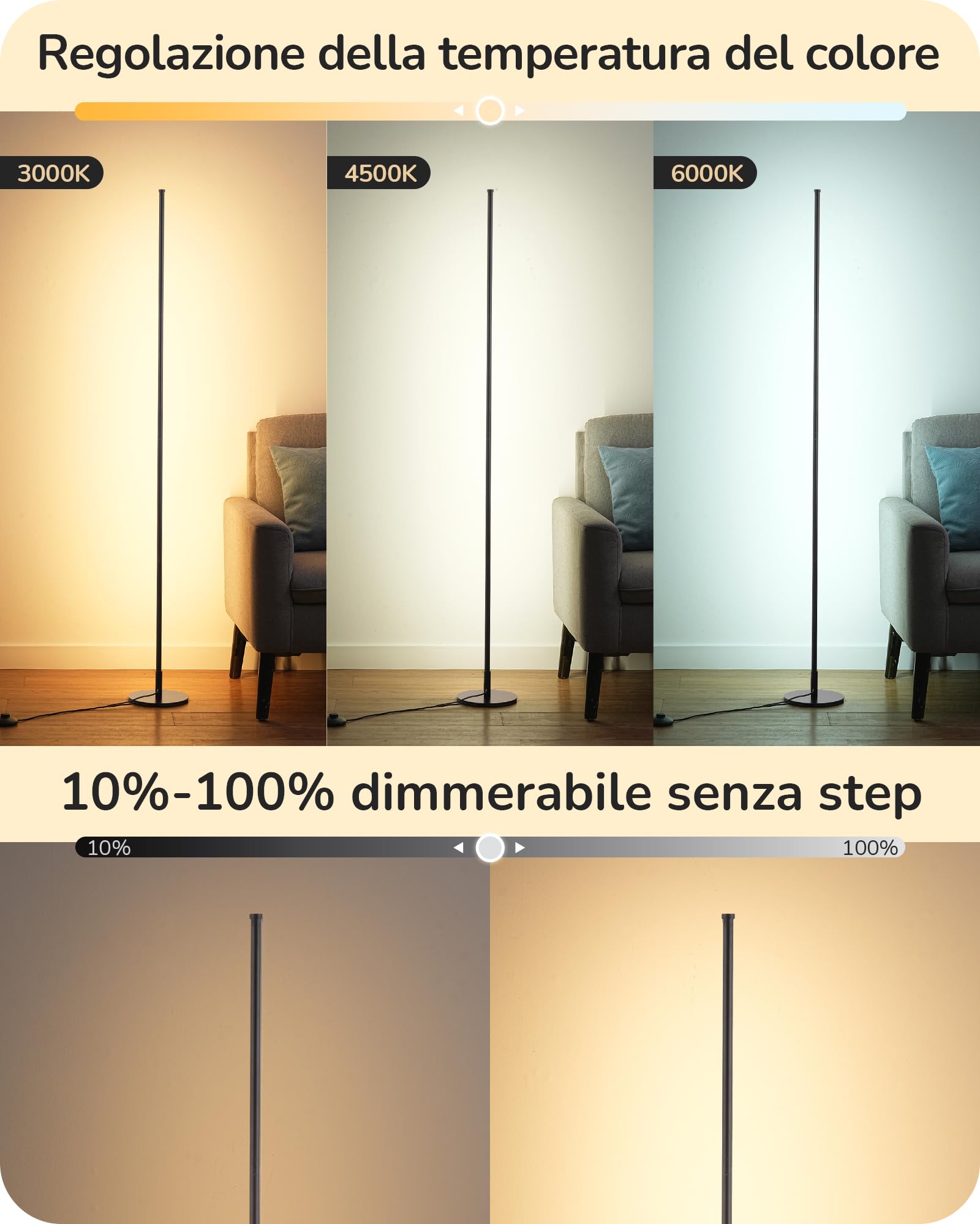 EDISHINE Lampada da Terra LED, Altezza Regolabile, 3000-6000K, Nero | 3 Temperature Di Colore & Dimmerazione Continua, Lampada Angolare Moderna Per Camera E Ufficio Fino A 152 cm