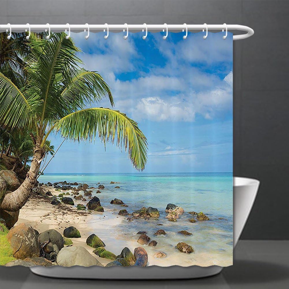Seaside Decor Collection Romantic Beach Tranquil Scene Palm Trees Caribbean Island Nature Photography Polyester Fabric Bathroom Shower Curtain Extra Blue Ivory Green Aqua ¸±±¾ 70.8x75in