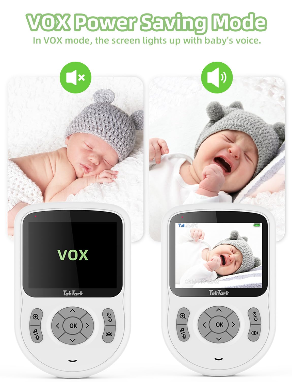 TakTark Camara Vigilancia Bebe, 2,8" 720P IPS vigilabebés con cámara 20 Horas Standby,Camara Vigilancia sin WiFi/App,VOX,conversación bidireccional,visión Nocturna,3xZoom,Vigilancia de la Temperatura