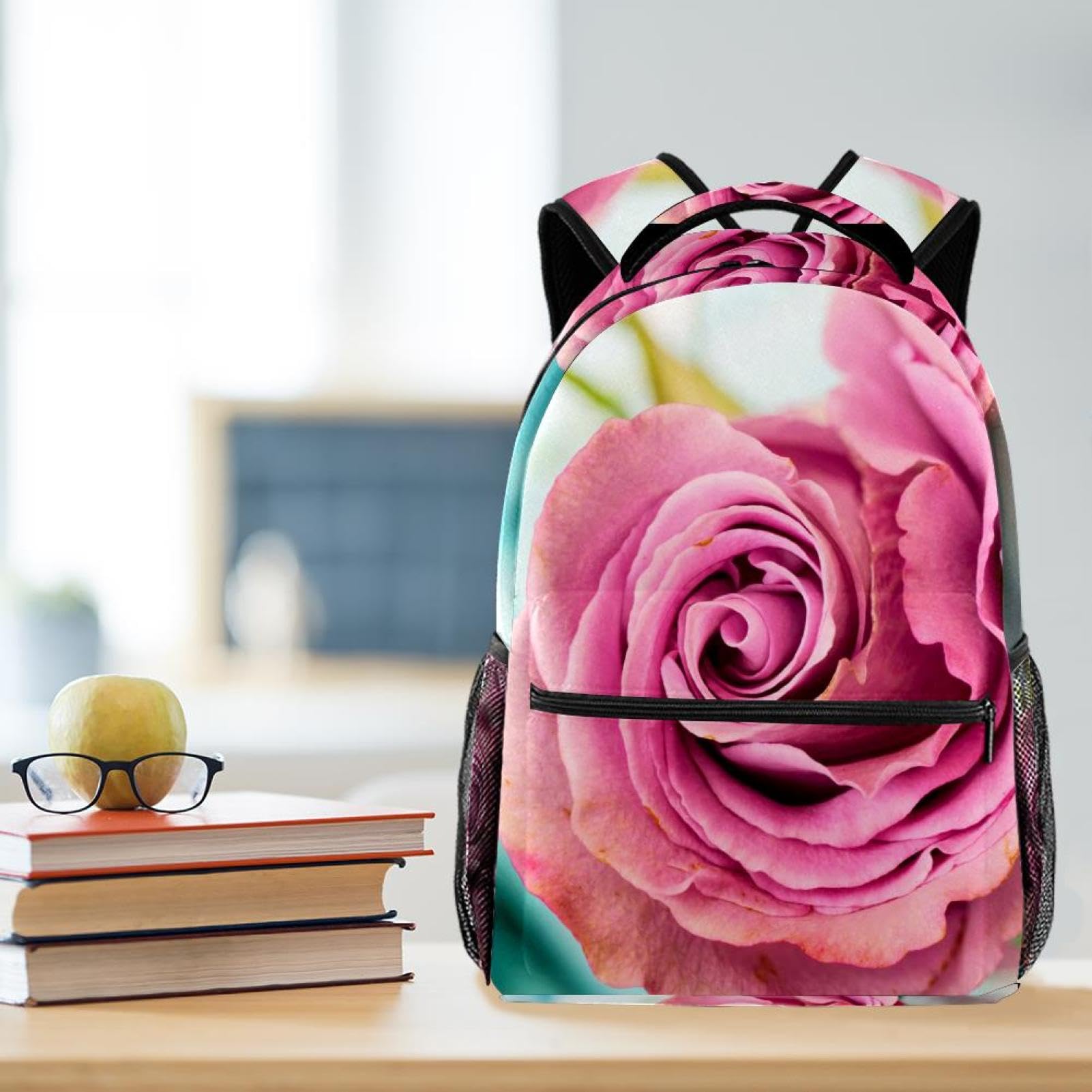 Zaino scolastico per uomini e donne, borsa da viaggio per computer portatile con rosa rosa, zaino leggero per università, zaino casual per libri