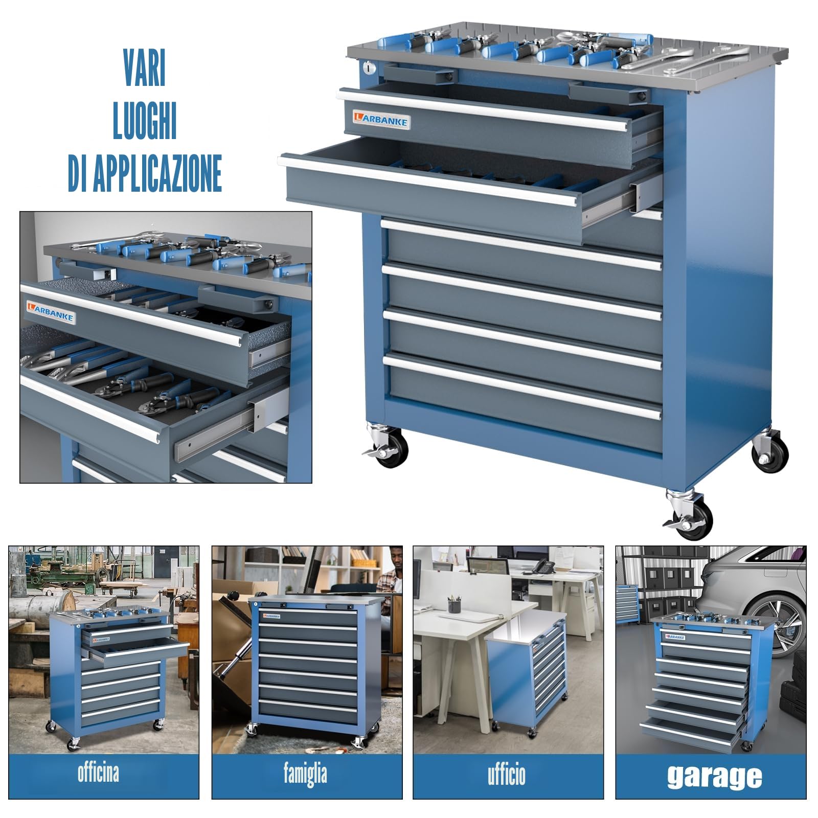 LARBANKE Carrello Portautensili con 7 Cassetti,Carrello de Officina con ruote a 360°, Armadio Portautensili con piano di lavoro in acciaio inox, Porta Attrezzi Officina con sistema di bloccaggio