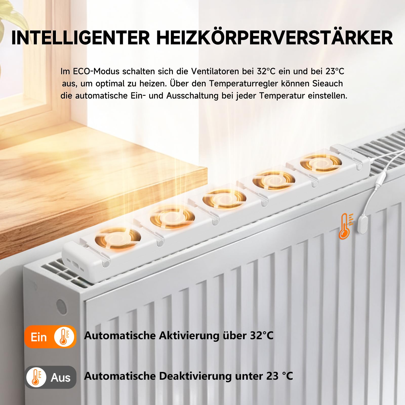 Warmfay Heizkörper Ventilator 5.0 Heizungsventilator, Smart Heizkörperverstärker Einstellbarer Geschwindigkeit mit Thermostaten, Heizungslüfter Lauf Ruhig Sparen von Energie & Heizkosten (Mono Set)
