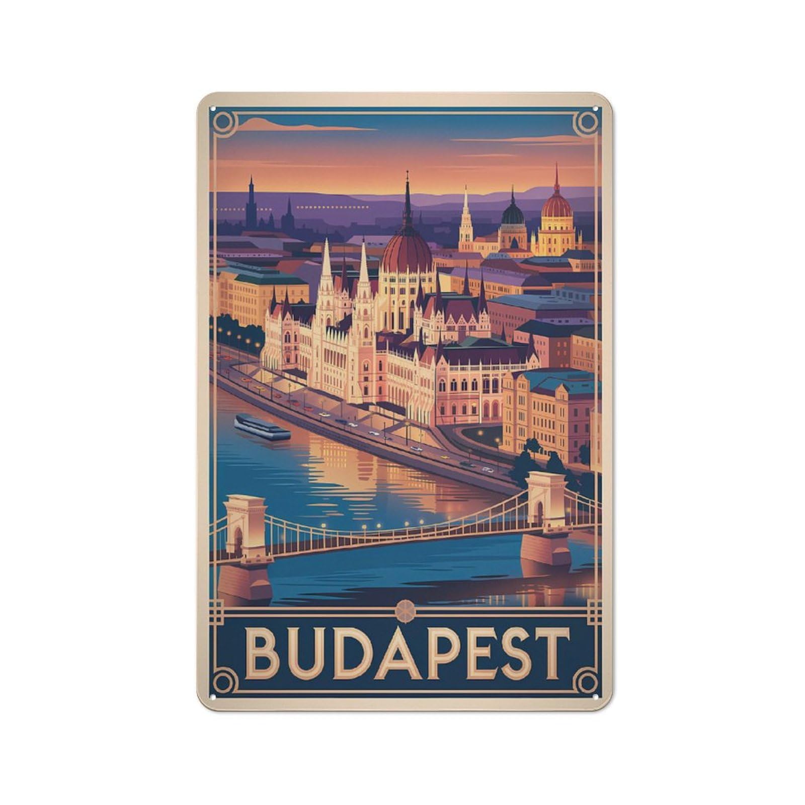 Junmoney Style For Kitchen Or Home Bar, Budapest Cityscape Travel Rustic Metal Wall Sign 30X20cm, For Winter Room Styling In Kitchen And Home Bar