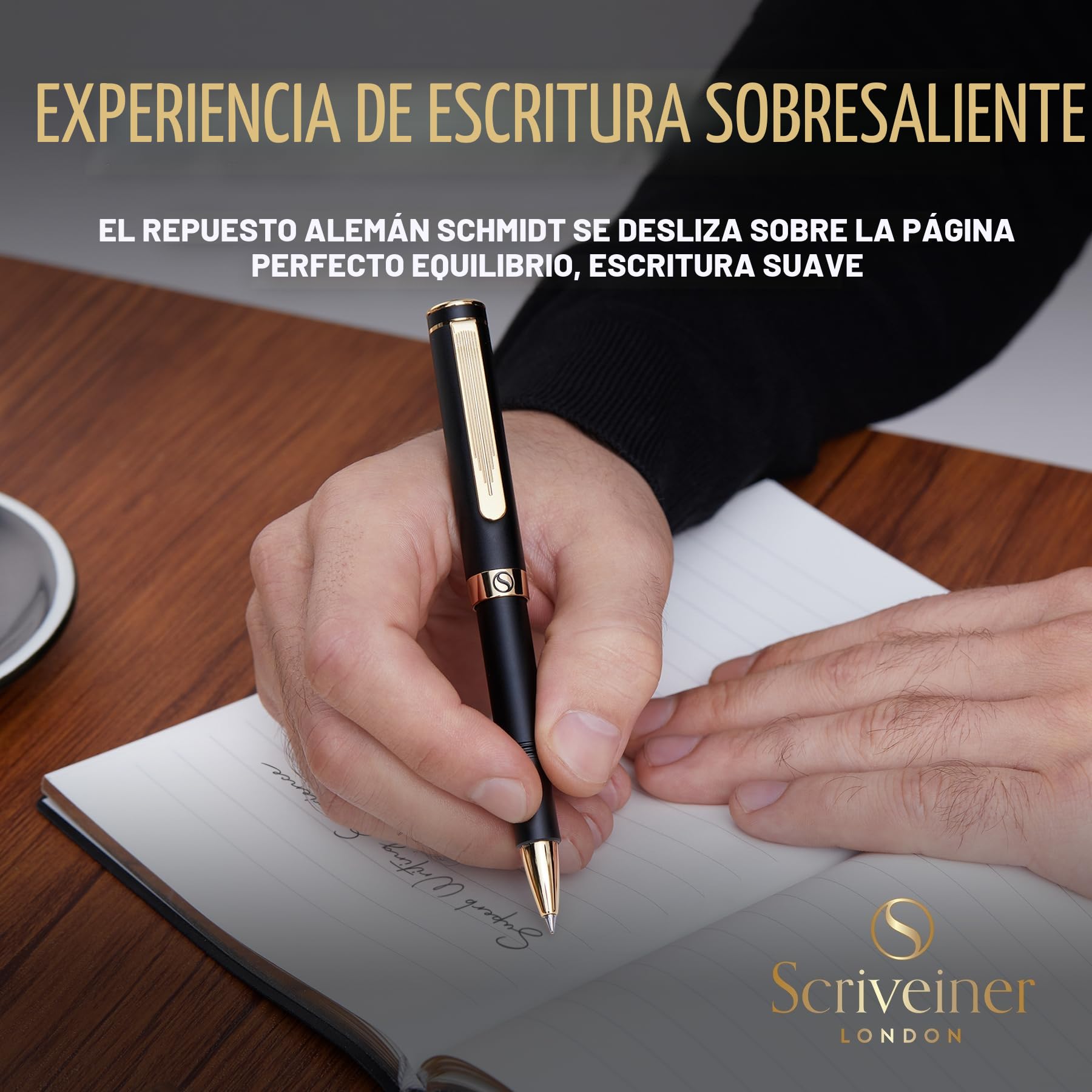 Scriveiner Bolígrafo Rollerball EDC Negro de Lujo, Impresionante Bolígrafo de Bolsillo con Acabado en Chapado en oro auténtico, Recambio Schmidt Alemán, Buen Regalo, Elegante Set de Diseño