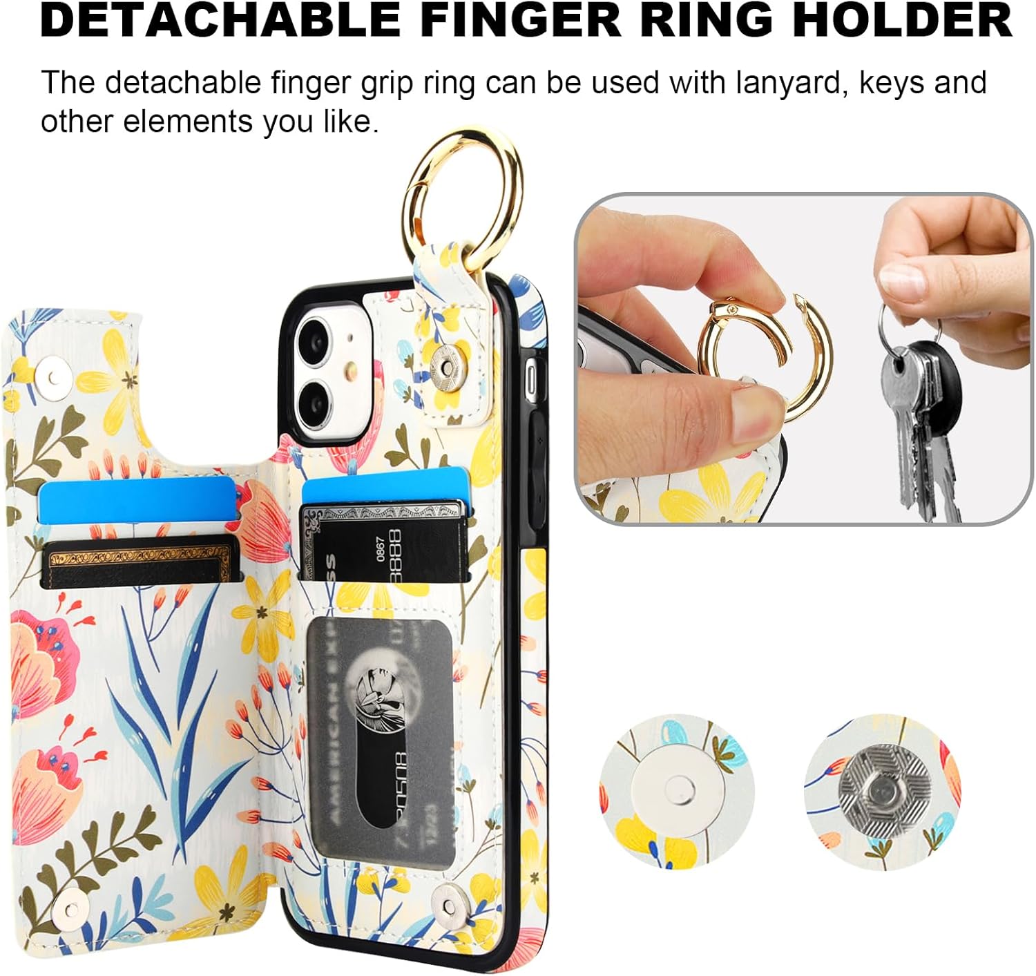 HAOPINSH for iPhone 11 Wallet Case with Card Holder, Floral Flower Print Back Flip Folio PU Leather Kickstand Card Slots Case, Finger Grip Ring Double Magnetic Clasp Shockproof 6.1"
