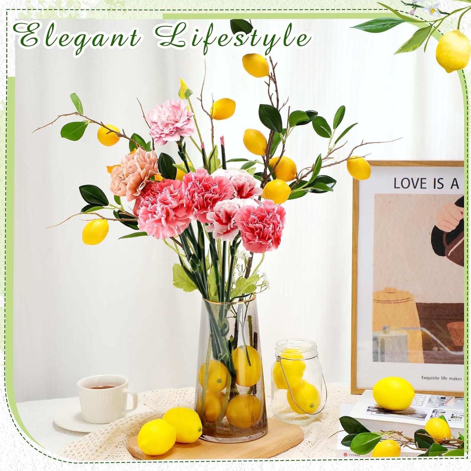 36 Pcs Faux Fruit Decoration Set Includes 6 Pcs 31.5 Inch Artificial Lemon Branch 30 Pcs 3 x 2 Inch Faux Yellow Lemon 5 Head Fake Fruit with Stem for Home Photography Prop Kitchen