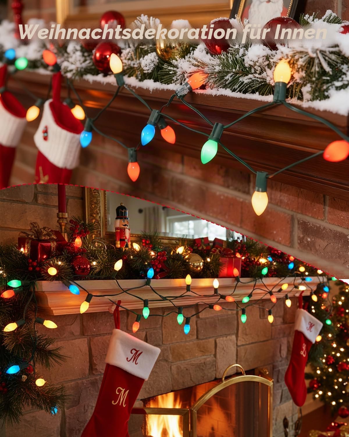SUNSGNE Mehrfarbige Weihnachtslichterkette für den Außenbereich, C7 Vintage-Weihnachtslichterkette mit 27 mehrfarbigen Keramiklampen (2 Ersatz) für Feiertage, Weihnachten, Abschlussball, Party