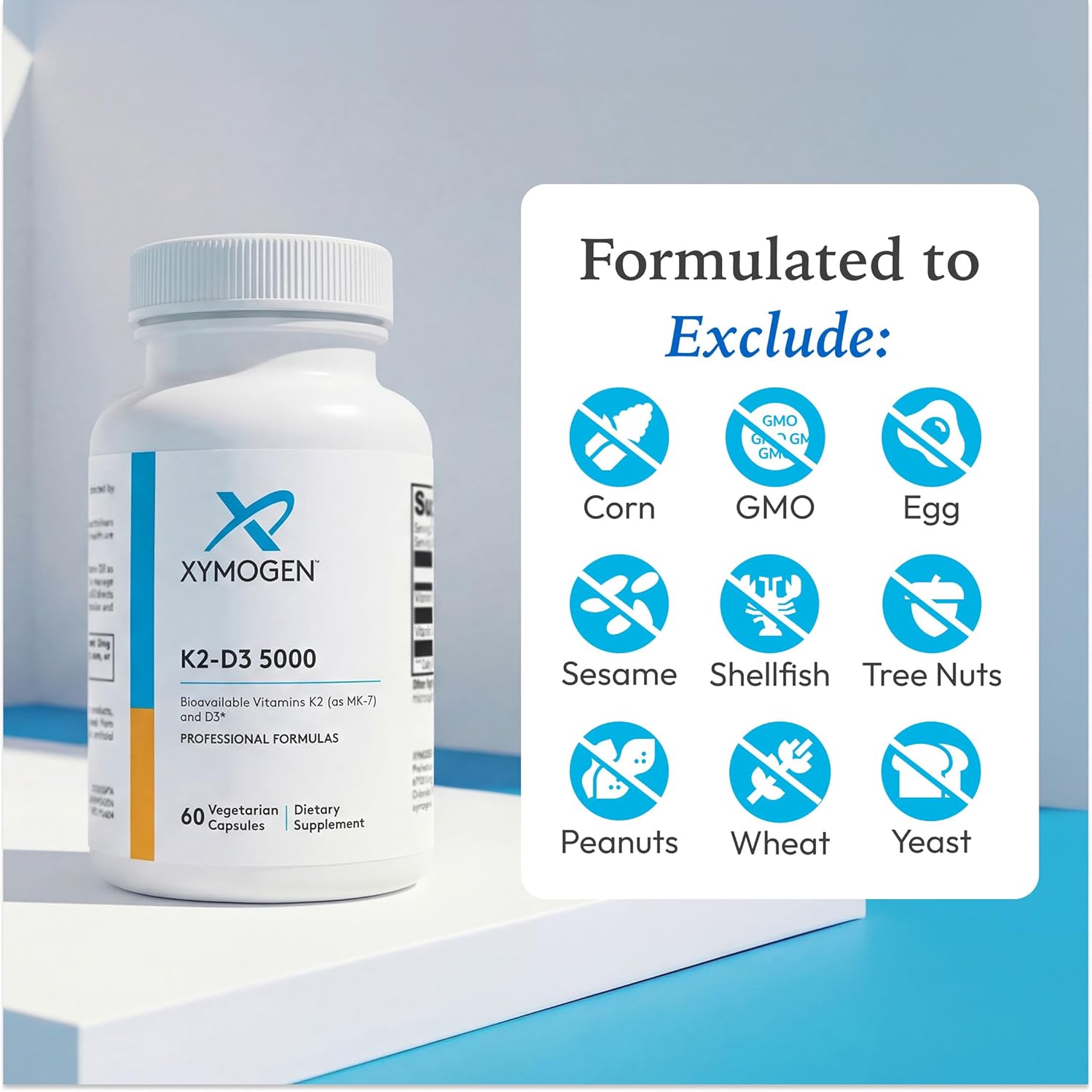 XYMOGEN K2-D3 5000 - Vitamin D3 K2 Supplement for Immune, Bone & Cardiovascular Support* - Non-GMO, Gluten Free, Vegetarian - 60 Capsules