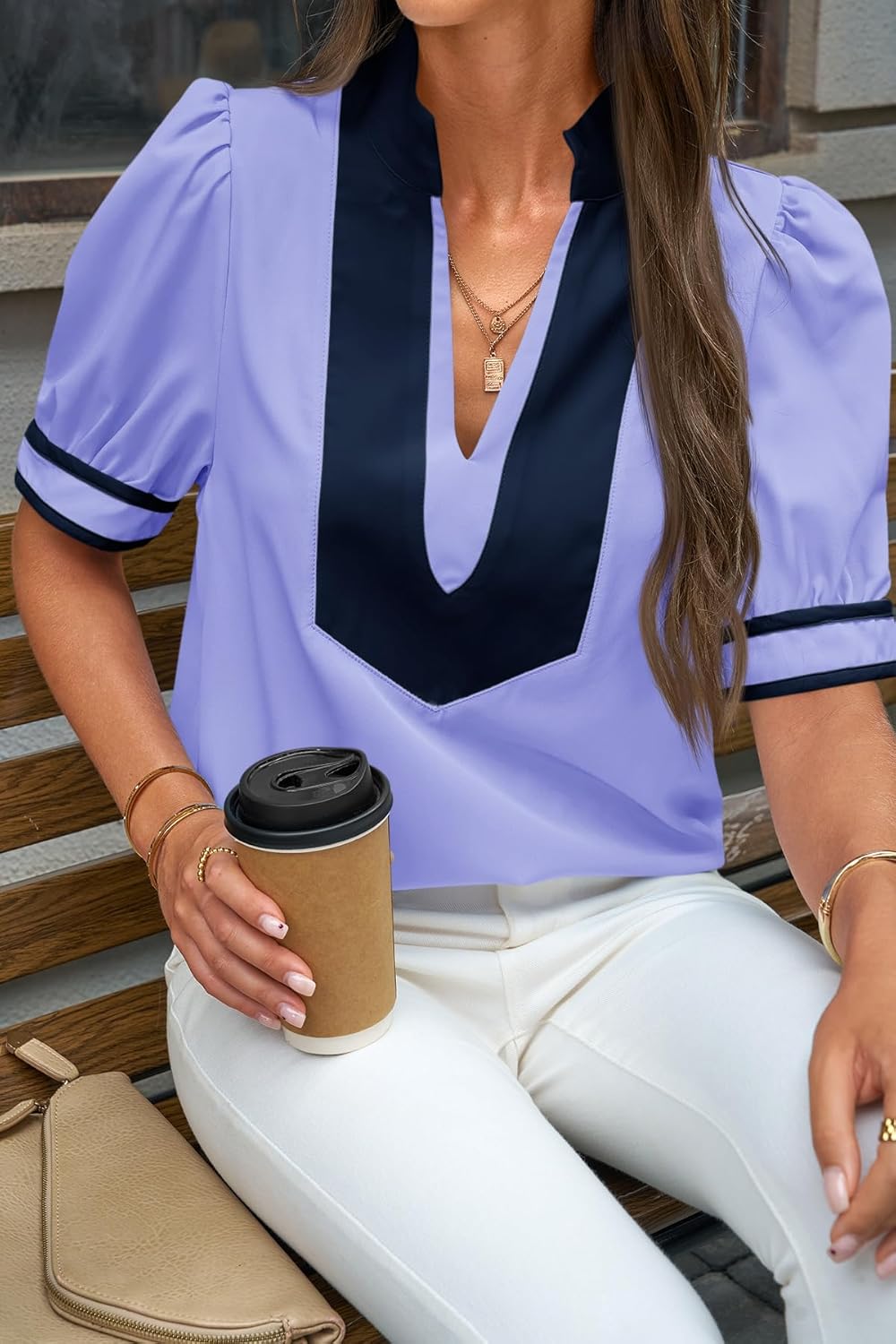 Cicy Bell Womens Color Block Puff Sleeve Blouses Summer Casual Dressy V Neck Tops Loose Fit Tee Shirts - Image 2