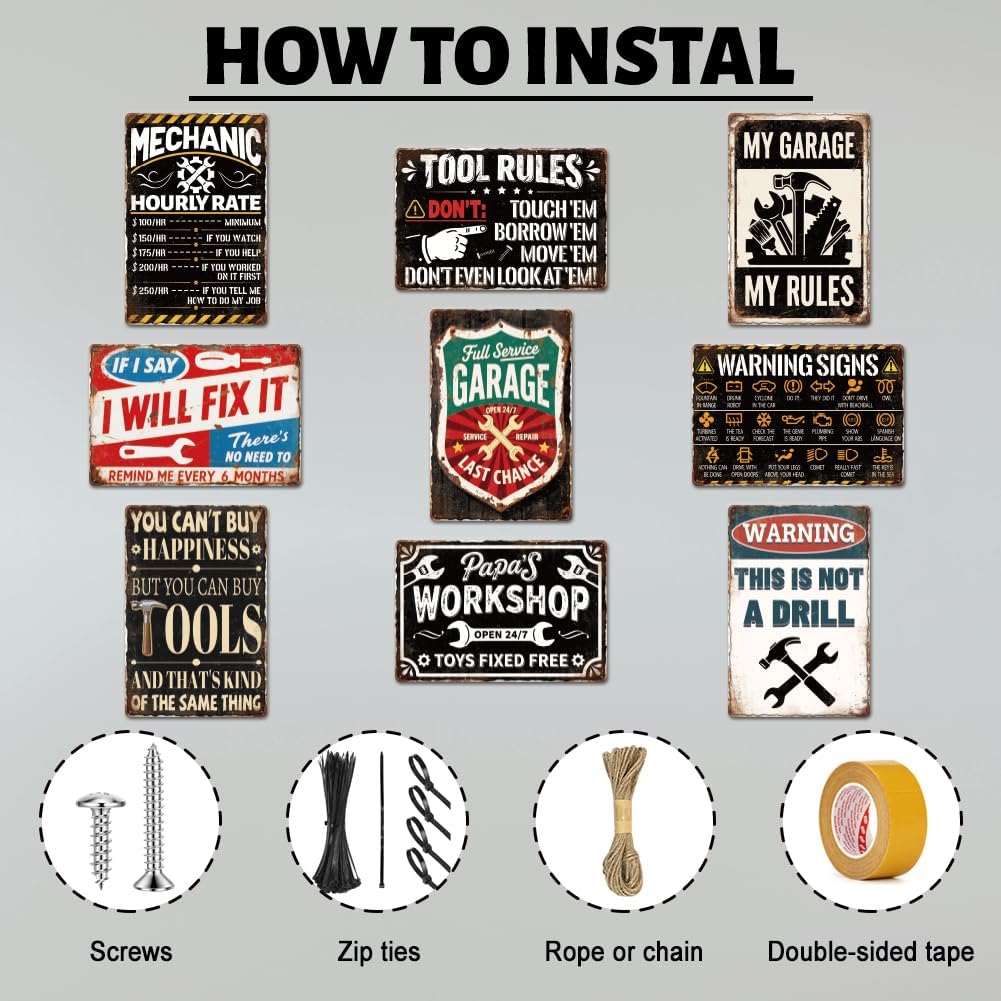 9 Pcs Vintage Garage Signs Mechanic Accessories, Man Cave Decor, Funny Garage Metal Tin Signs, My Rules Car Wall Decor 8 X 12 Inch Mechanic Gifts For Men Dad&Husband Mechanics Shop Sign
