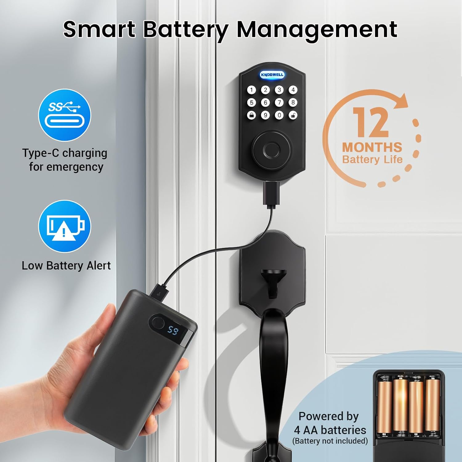 KNOBWELL Keyless Entry Door Lock with Handle Set,Front Door Handle Set，Password Door Lock Fingerprint  Keypad Deadbolt, Auto Lock, Matte Black